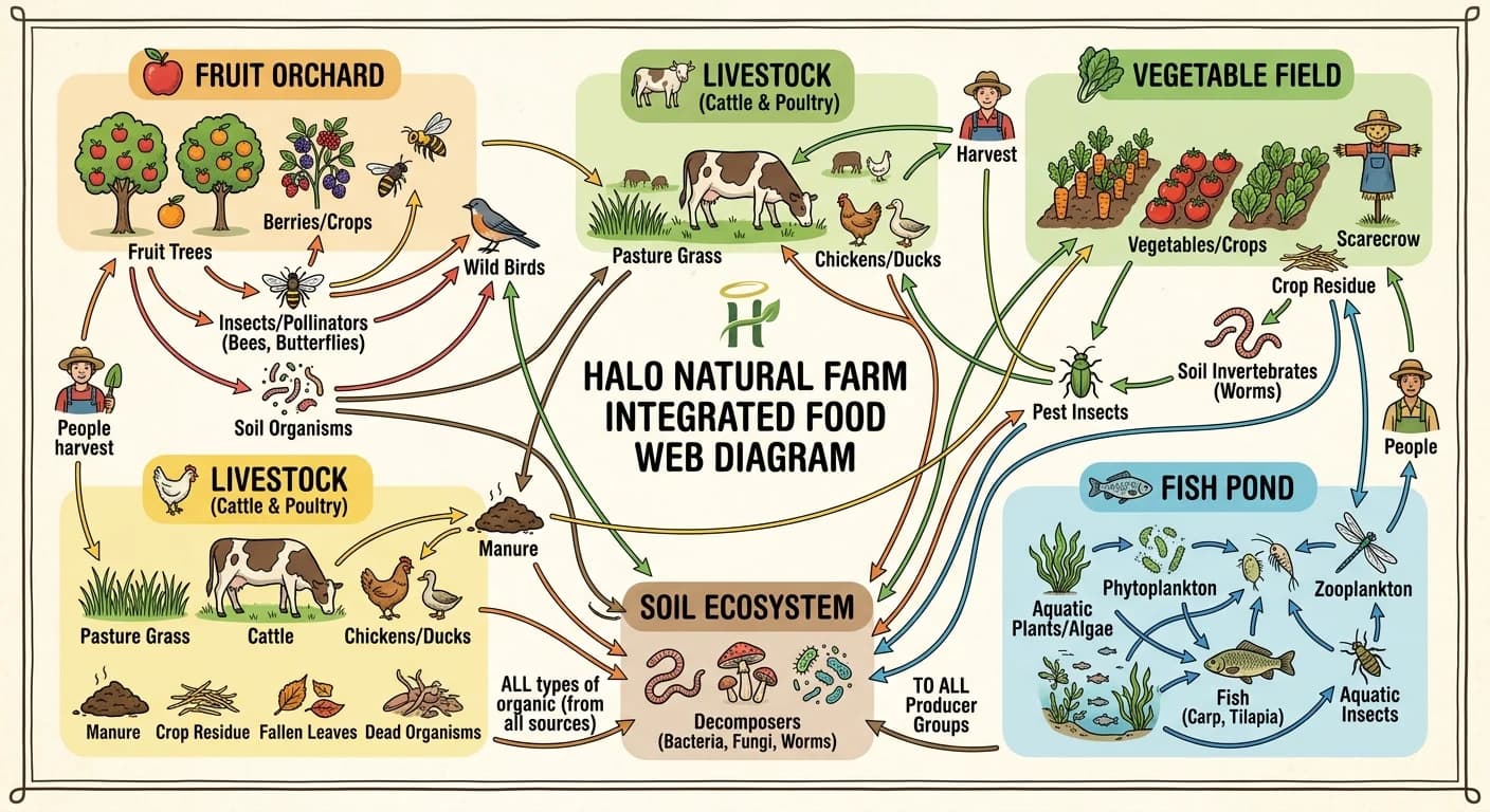 Diagram of the food web at Halo Natural Farm: orchard, livestock, vegetable field and fish pond all feeding the soil